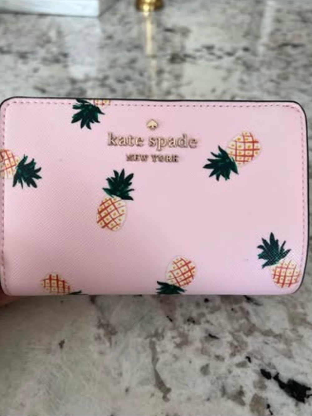 kate spade Pink Pineapple Compact Wallet with Gold Logo
